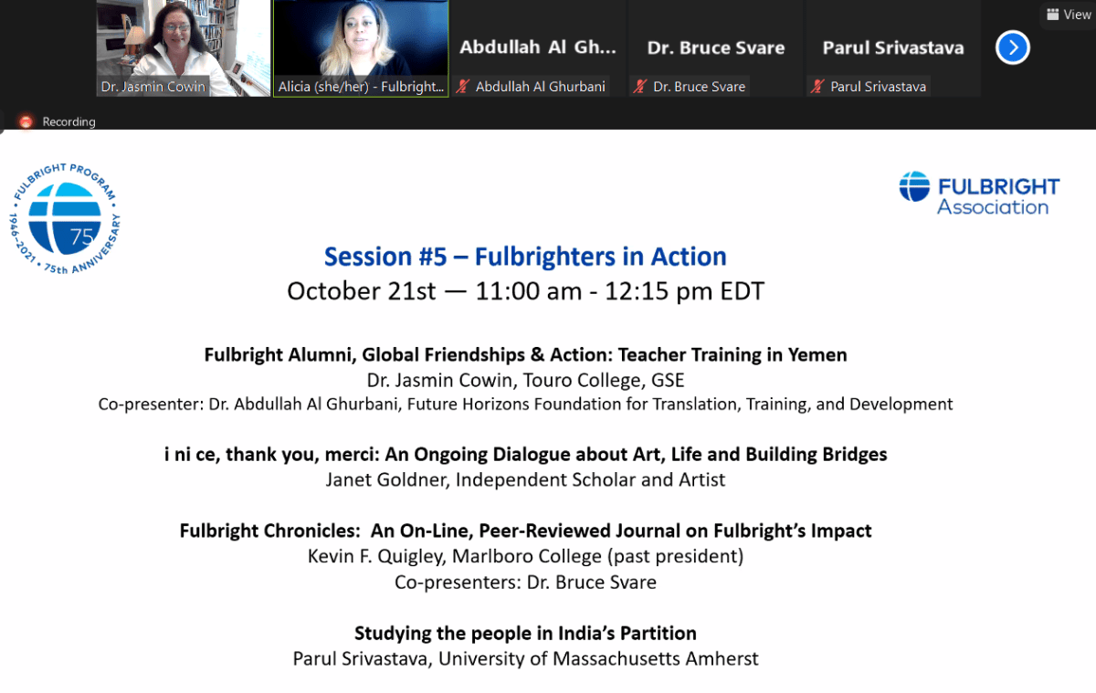 Dr. Abdullah M. Al Ghurbani and Dr. Jasmin (Bey) Cowin presented:  Fulbright Alumni, Global Friendships & Action: Teacher Training in Yemen October 21st,&nbsp;2021