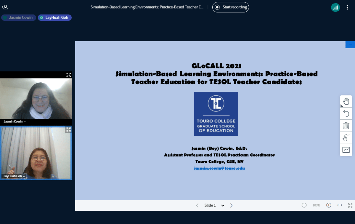 GLoCALL 2021 Conference Presentation on “Simulation-Based Learning Environments: Practice-Based Teacher Education for TESOL Teacher Candidates” by Dr. Jasmin (Bey)&nbsp;Cowin